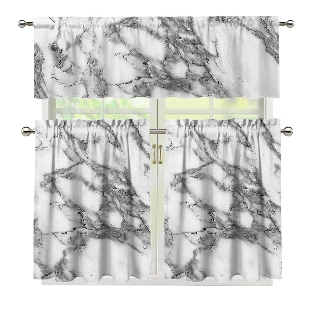 White Gray Marble Print 3 Piece Kitchen Curtains