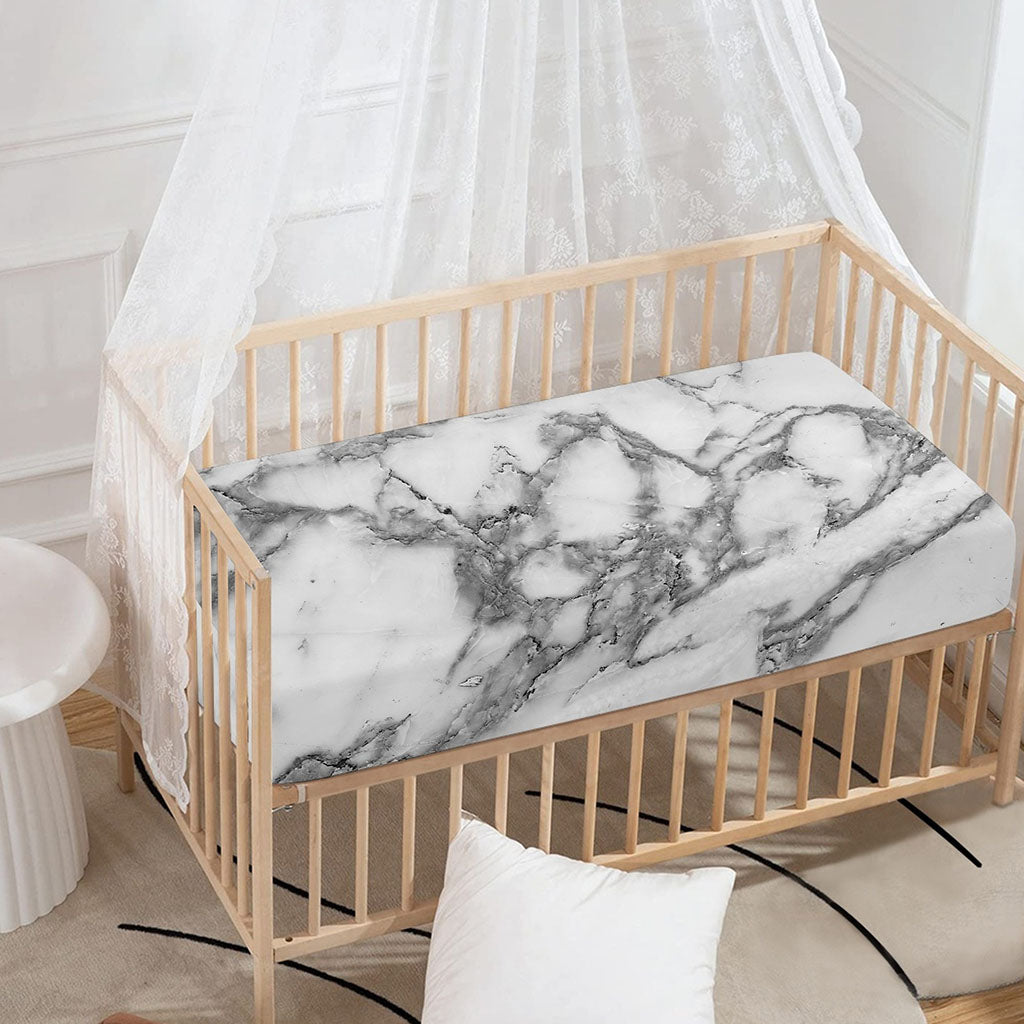 White Gray Marble Print Baby Crib Sheet