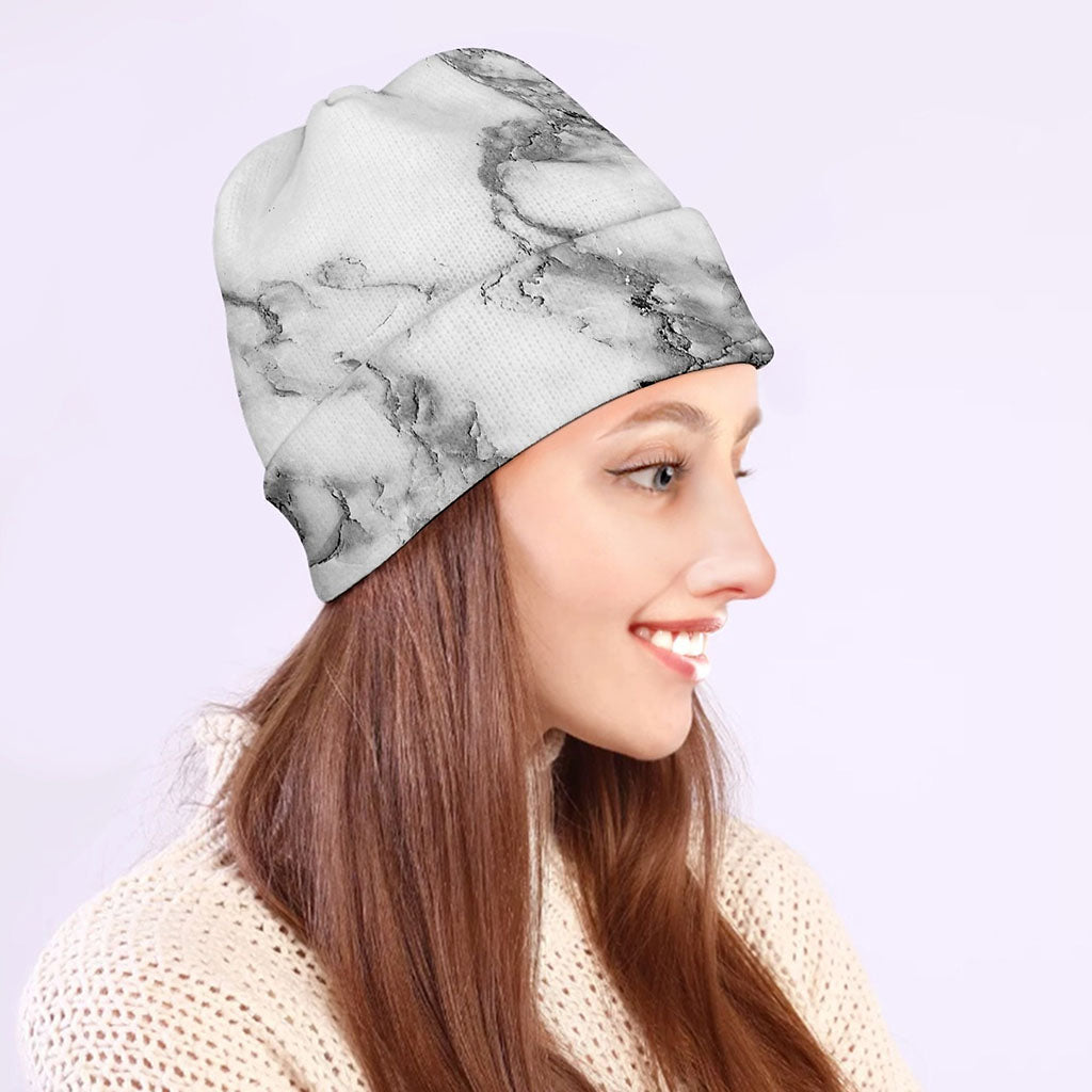 White Gray Marble Print Beanie