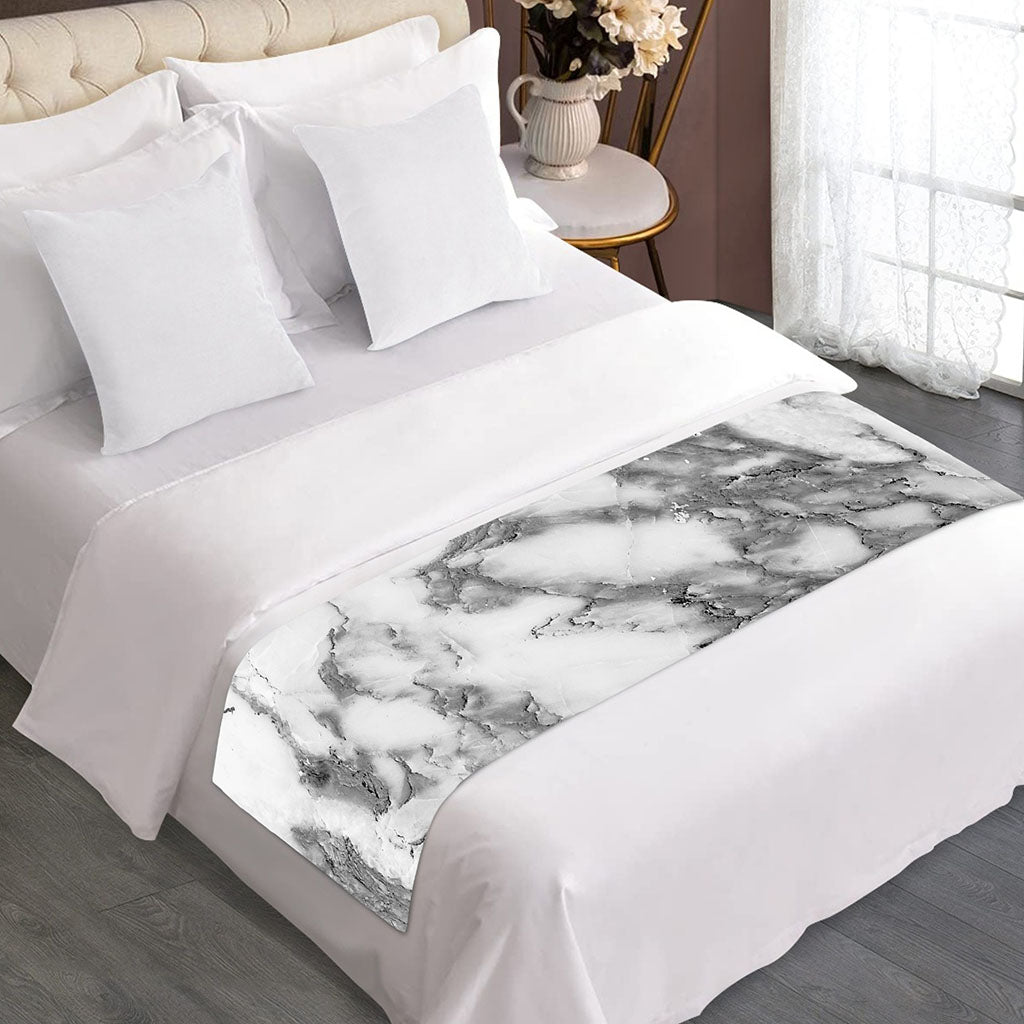 White Gray Marble Print Bed Runner