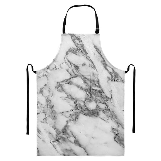 White Gray Marble Print Bib Apron With Pocket
