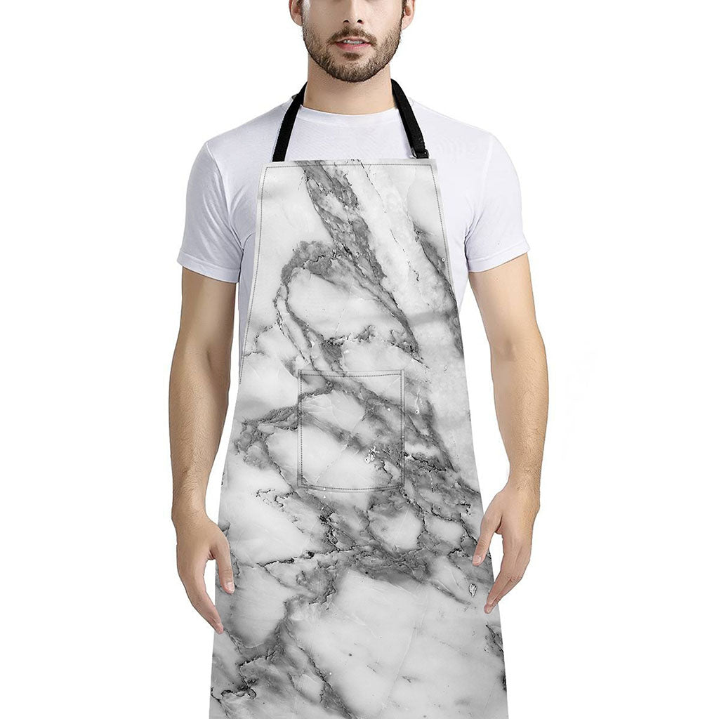 White Gray Marble Print Bib Apron With Pocket