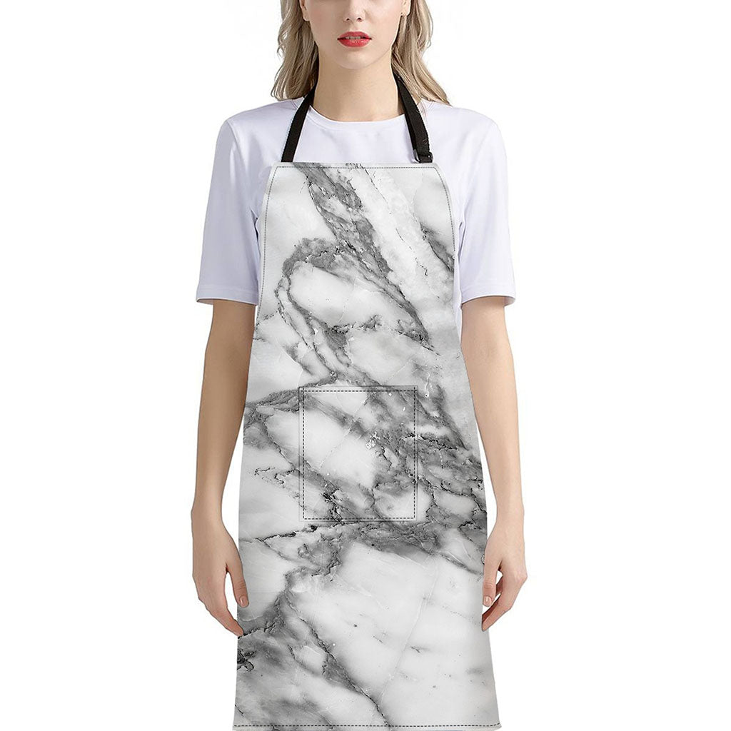 White Gray Marble Print Bib Apron With Pocket