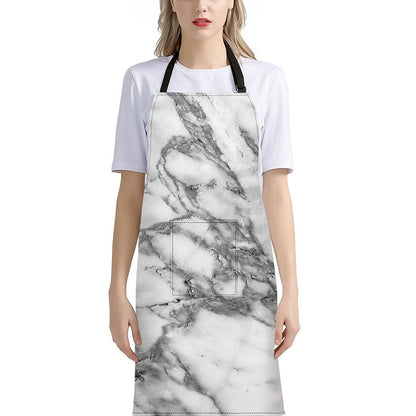 White Gray Marble Print Bib Apron With Pocket