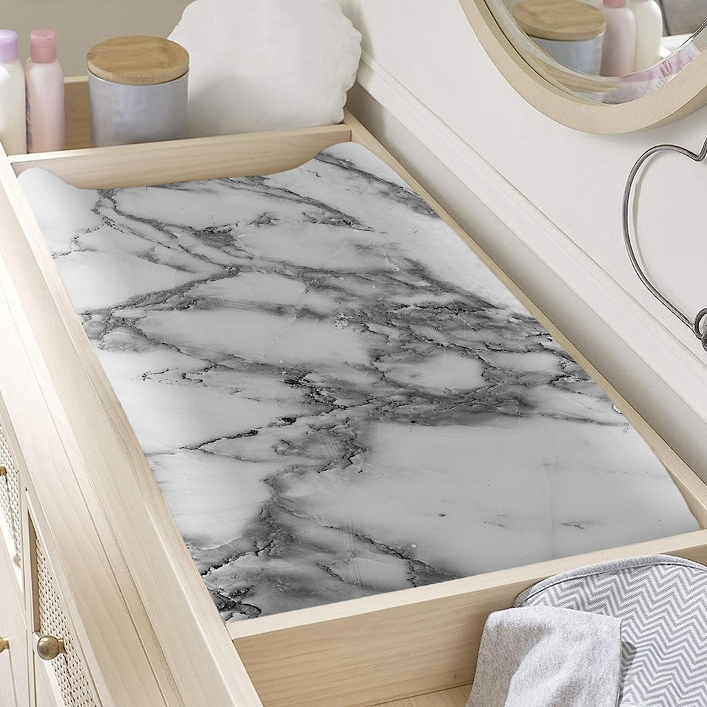 White Gray Marble Print Changing Pad Cover