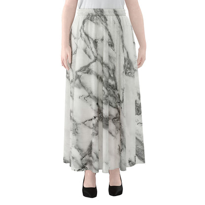 White Gray Marble Print Chiffon Maxi Skirt