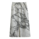 White Gray Marble Print Cotton Front Slit Maxi Skirt
