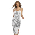 White Gray Marble Print Cross Back Cami Dress