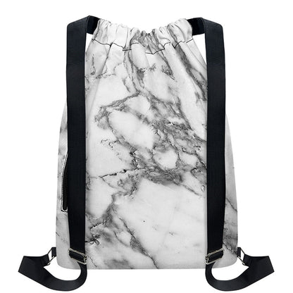 White Gray Marble Print Drawstring Backpack