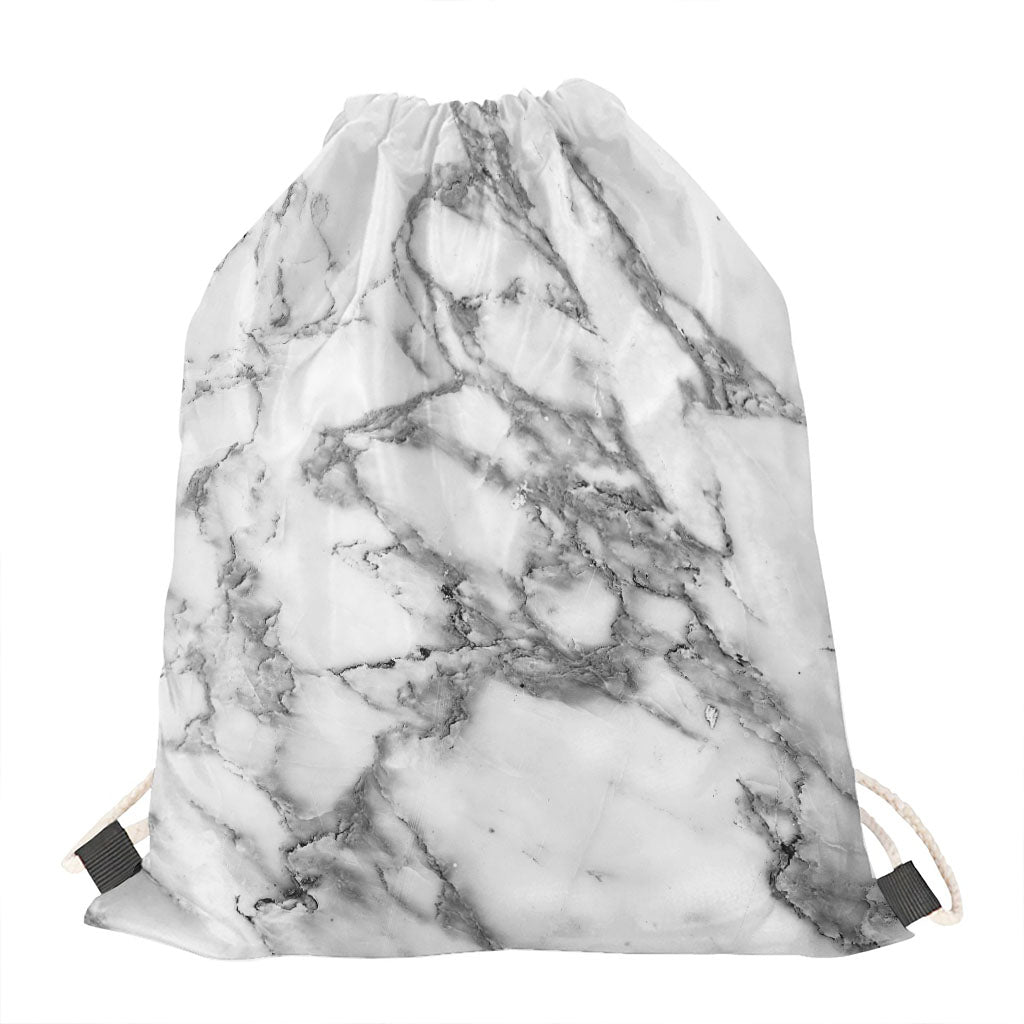 White Gray Marble Print Drawstring Bag