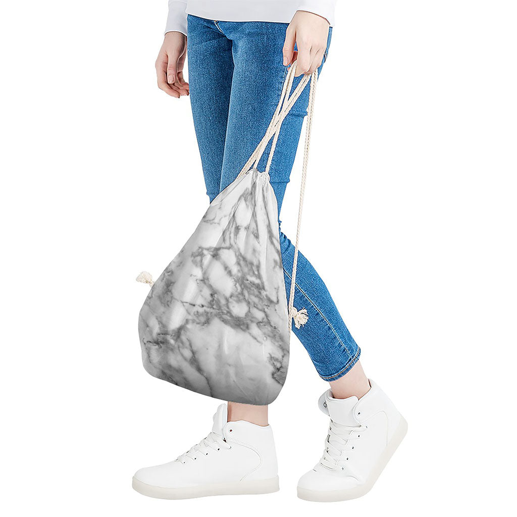 White Gray Marble Print Drawstring Bag