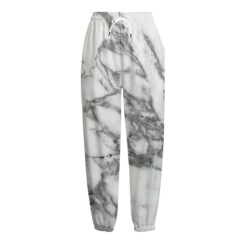 White Gray Marble Print Fleece Lined Knit Pants