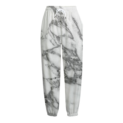 White Gray Marble Print Fleece Lined Knit Pants