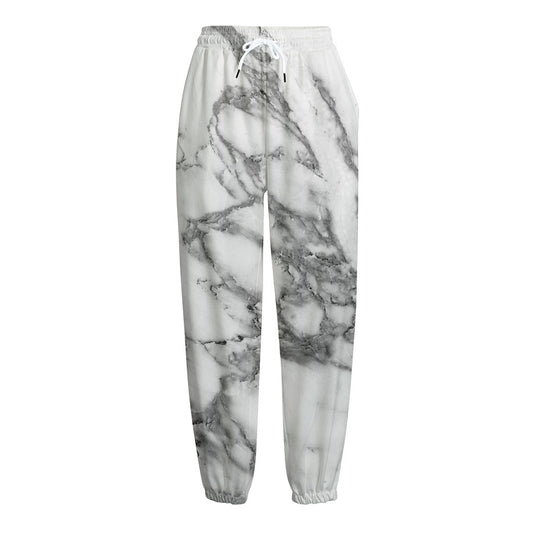 White Gray Marble Print Fleece Lined Knit Pants