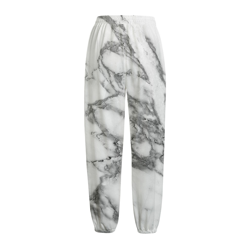 White Gray Marble Print Fleece Lined Knit Pants