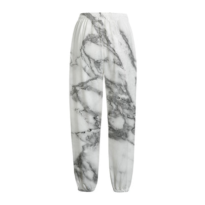 White Gray Marble Print Fleece Lined Knit Pants