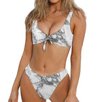 White Gray Marble Print Front Bow Tie Bikini