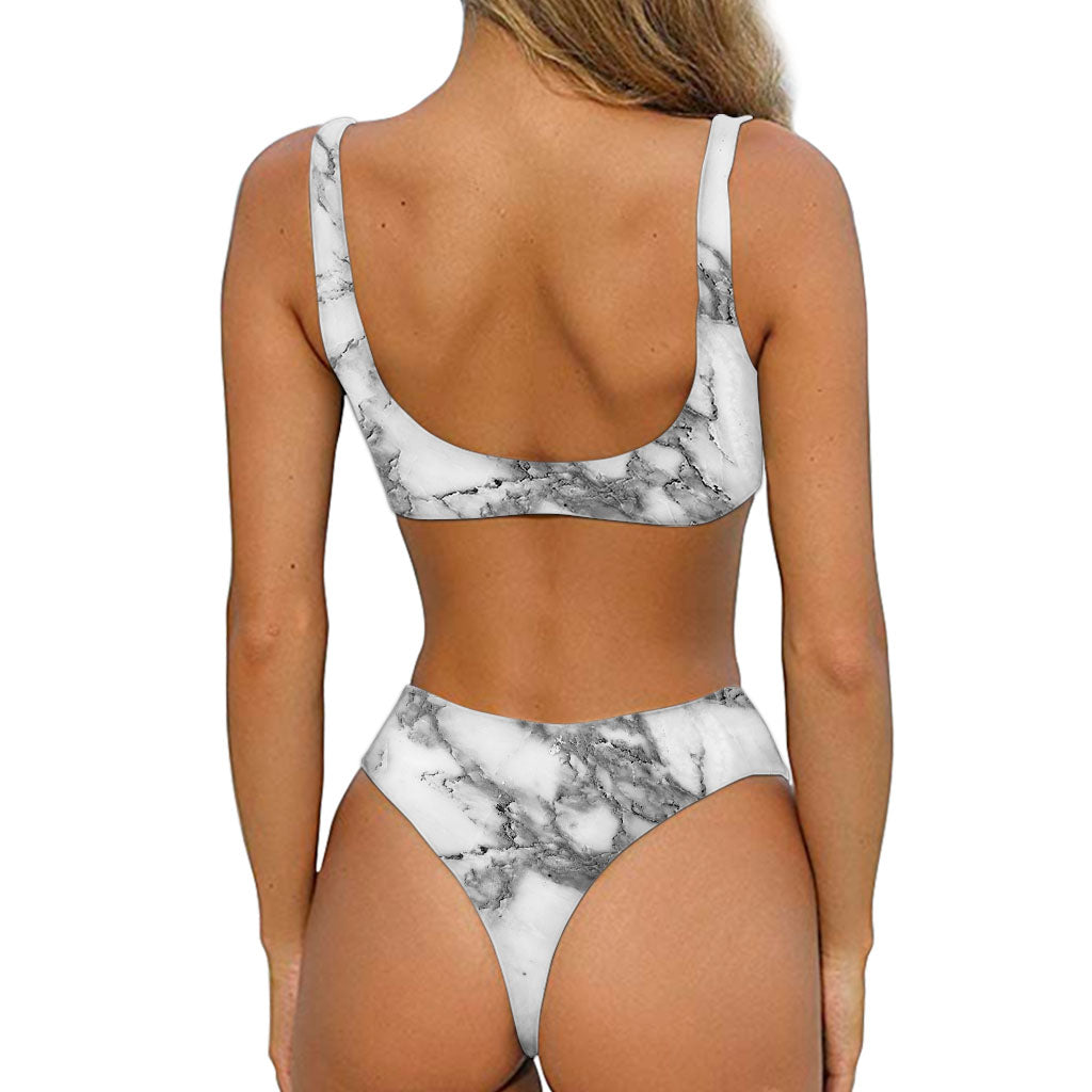 White Gray Marble Print Front Bow Tie Bikini