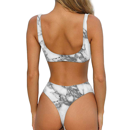 White Gray Marble Print Front Bow Tie Bikini