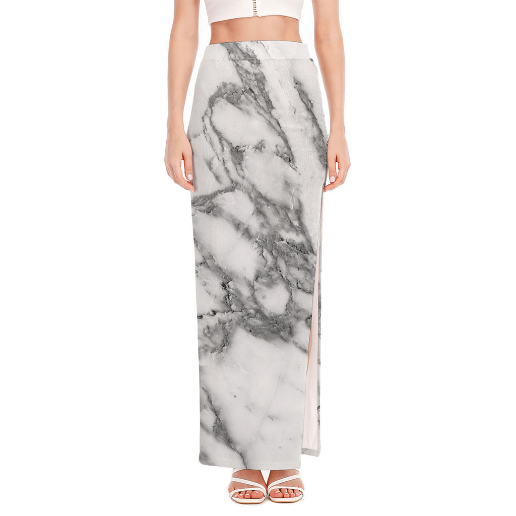 White Gray Marble Print High Slit Maxi Skirt