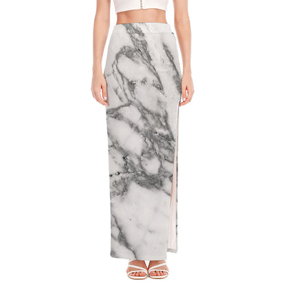 White Gray Marble Print High Slit Maxi Skirt