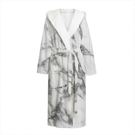 White Gray Marble Print Hooded Bathrobe