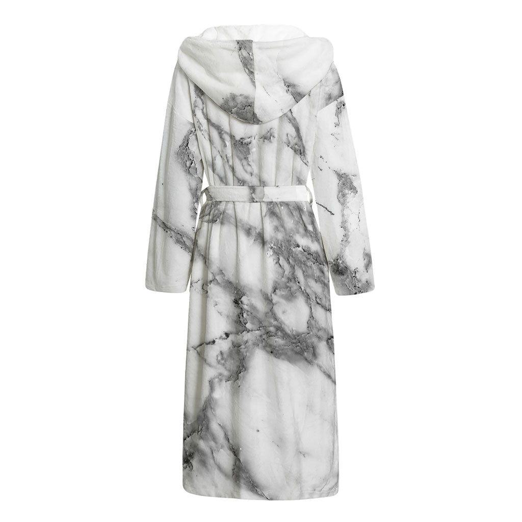 White Gray Marble Print Hooded Bathrobe