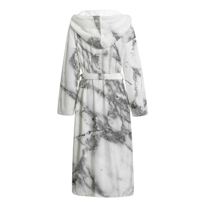 White Gray Marble Print Hooded Bathrobe