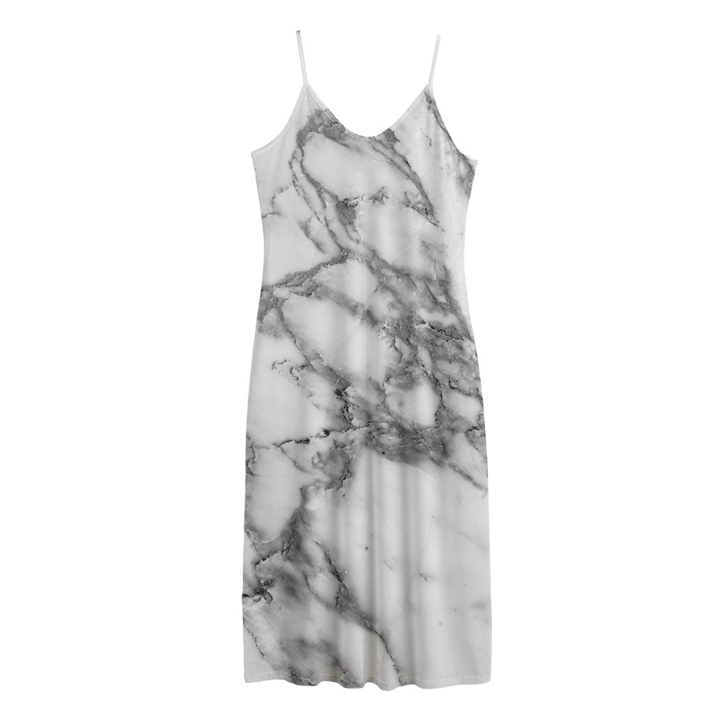 White Gray Marble Print Jersey Midi Cami Dress