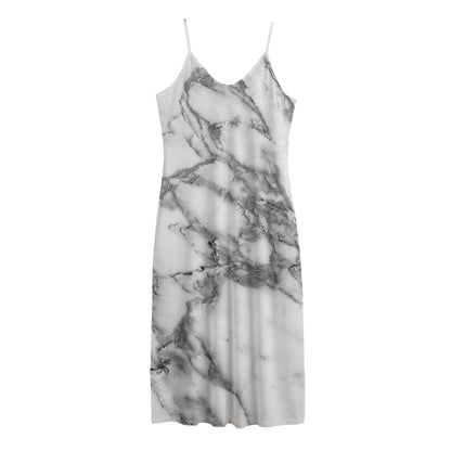 White Gray Marble Print Jersey Midi Cami Dress