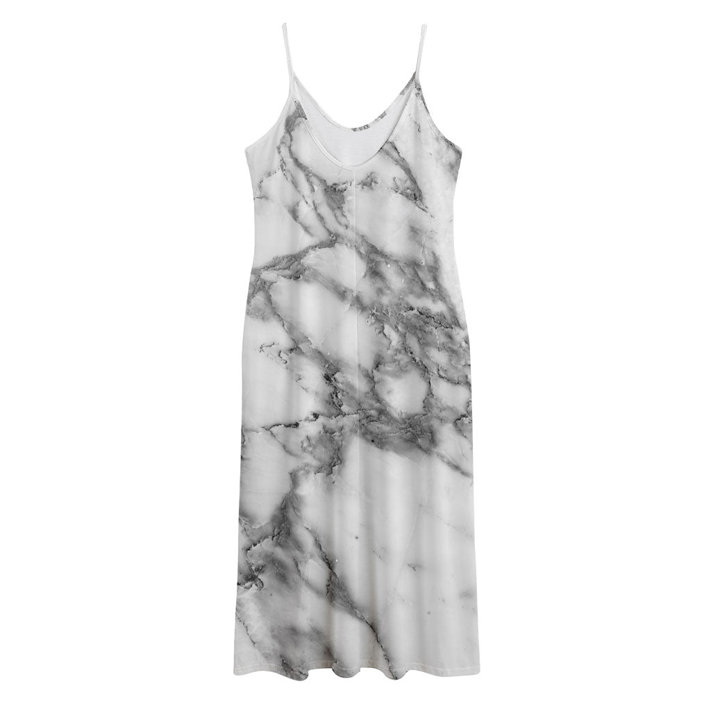 White Gray Marble Print Jersey Midi Cami Dress