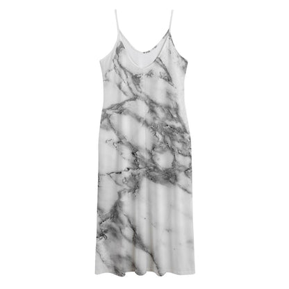 White Gray Marble Print Jersey Midi Cami Dress