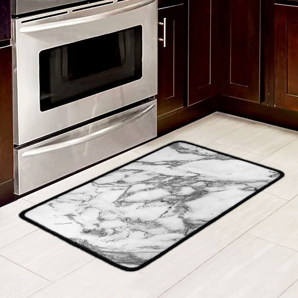 White Gray Marble Print Kitchen Mat