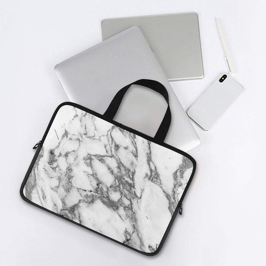 White Gray Marble Print Laptop Sleeve With Handle