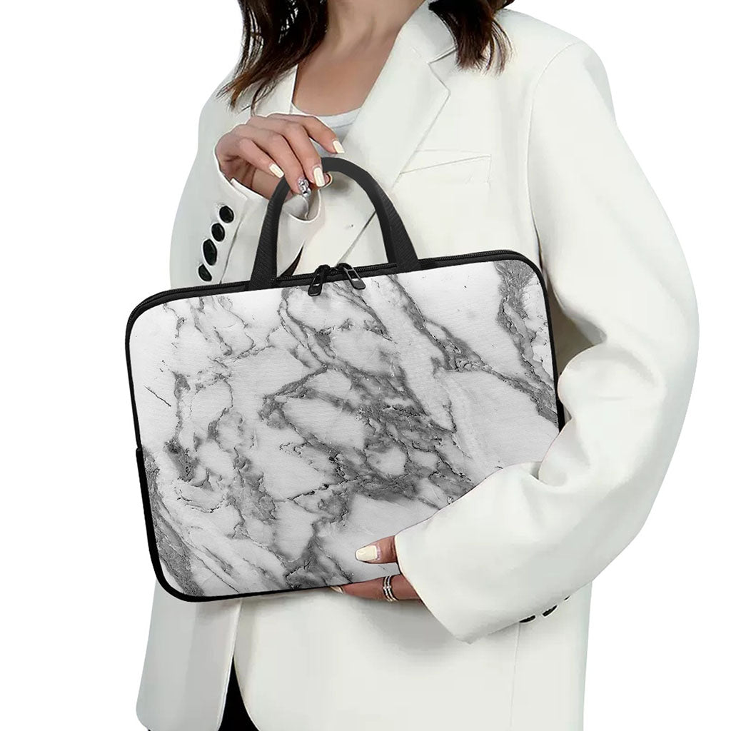 White Gray Marble Print Laptop Sleeve With Handle