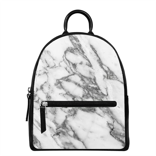 White Gray Marble Print Leather Backpack