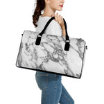 White Gray Marble Print Leather Duffle Bag