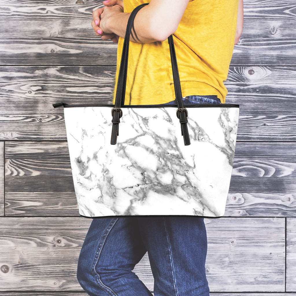 White Gray Marble Print Leather Tote Bag