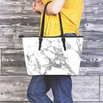 White Gray Marble Print Leather Tote Bag
