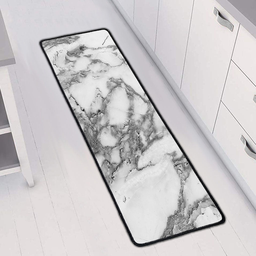 White Gray Marble Print Long Kitchen Mat