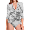 White Gray Marble Print Long Sleeve Swimsuit