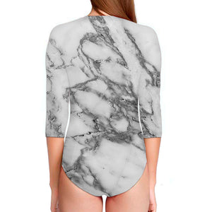 White Gray Marble Print Long Sleeve Swimsuit