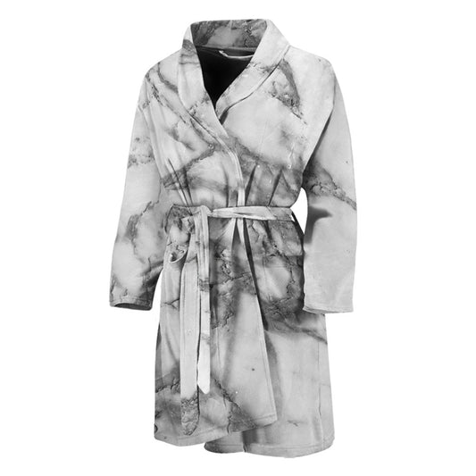 White Gray Marble Print Men's Bathrobe