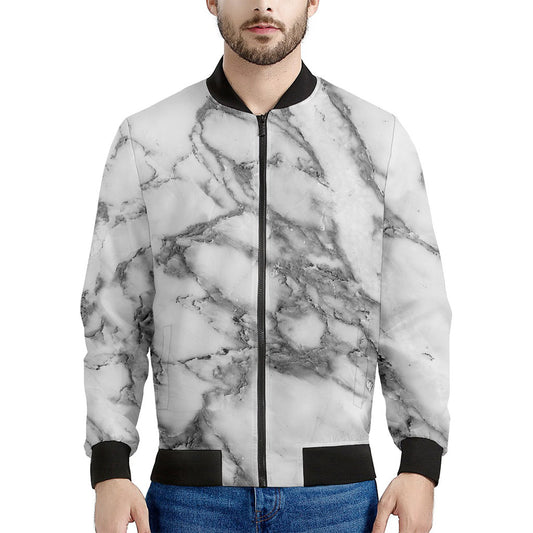 White Gray Marble Print Men's Bomber Jacket