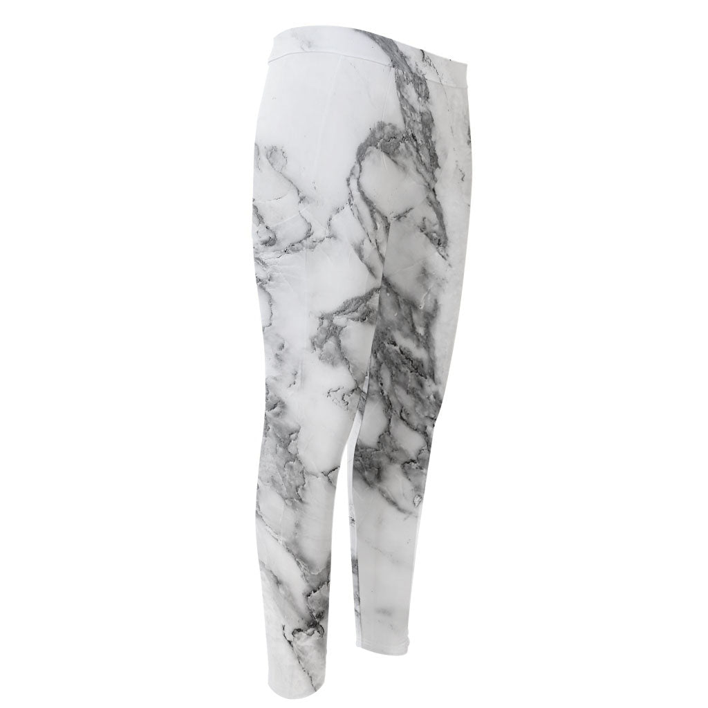 White Gray Marble Print Men's Compression Pants