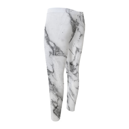 White Gray Marble Print Men's Compression Pants