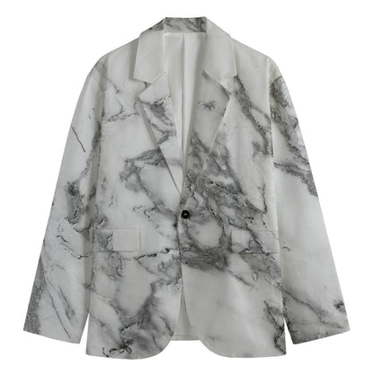 White Gray Marble Print Men's Cotton Blazer