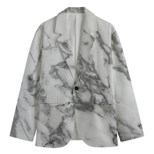White Gray Marble Print Men's Cotton Blazer