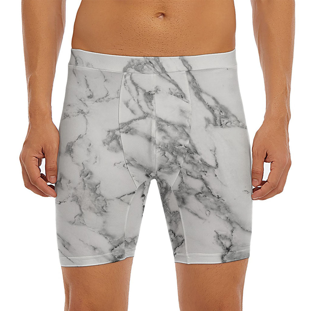 White Gray Marble Print Men's Long Boxer Briefs