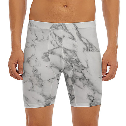 White Gray Marble Print Men's Long Boxer Briefs